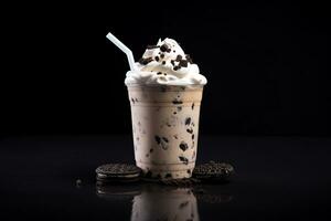 Cookies and cream milkshake in a takeaway cup isolated on dark background. ai generated photo