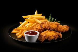 Fast food fried crispy chicken and french fries potatoes with ketchup sauce isolated on dark background. ai generated photo