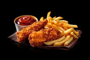 Fast food fried crispy chicken and french fries potatoes with ketchup sauce isolated on dark background. photo