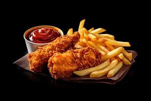 Fast food fried crispy chicken and french fries potatoes with ketchup sauce isolated on dark background. ai generated photo