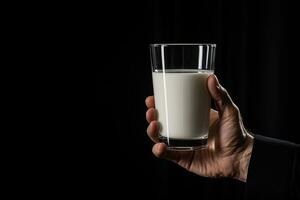 Hand holding a glass of fresh milk isolated on black background with copy space. ai generated photo