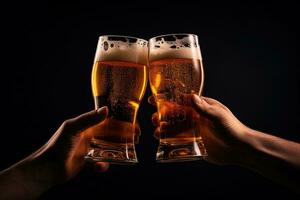 Hands toasting with glasses of beer isolated on black background. ai generated photo