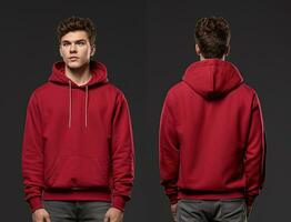 Front and back view of a red hoodie mockup for design print. ai generated photo