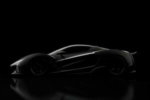 lado ver oscuro silueta de un moderno deporte negro coche aislado en negro antecedentes. ai generado foto