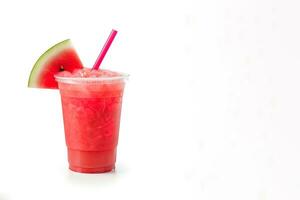 watermelon smoothie in take away cup with watermelon sliced isolated on white background with copy space. ai generated photo