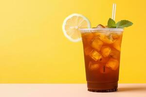 Iced lemon tea on plastic takeaway glass. ai generated photo