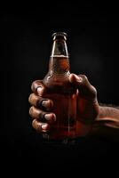un masculino mano participación arriba un botella de cerveza aislado en un negro antecedentes. ai generado foto