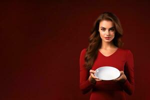 Young beautiful stylish woman holding an empty plate or dish isolated on red background with copy space. ai generated photo