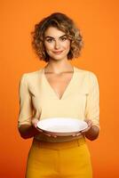 Young beautiful stylish woman holding an empty plate or dish isolated on orange background. ai generated photo