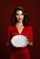 Young beautiful stylish woman holding an empty plate or dish isolated on red background. ai generated photo
