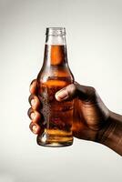 a male hand holding up a bottle of beer isolated on a white background. ai generated photo