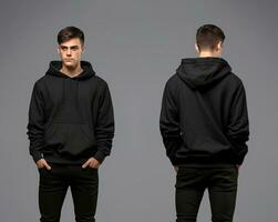 Front and back view of a black hoodie mockup for design print. ai generated photo