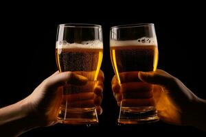 Hands toasting with glasses of beer isolated on black background. ai generated photo