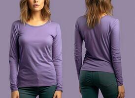 Woman wearing a purple T-shirt with long sleeves. Front and back view. ai generated photo