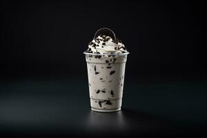 Cookies and cream milkshake in a takeaway cup isolated on dark background. ai generated photo