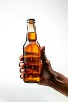 a male hand holding up a bottle of beer isolated on a white background. ai generated photo