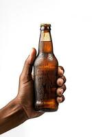 a male hand holding up a bottle of beer isolated on a white background. ai generated photo