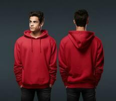 Front and back view of a red hoodie mockup for design print. ai generated photo