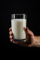 Hand holding a glass of fresh milk isolated on black background. ai generated photo