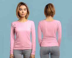 Woman wearing a pink T-shirt with long sleeves. Front and back view photo