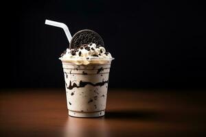 Cookies and cream milkshake in a takeaway cup isolated on dark background. ai generated photo