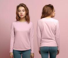 Woman wearing a pink T-shirt with long sleeves. Front and back view photo