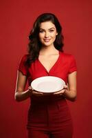 joven hermosa elegante mujer participación un vacío plato o plato aislado en rojo antecedentes. ai generado foto