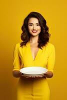 Young beautiful stylish woman holding an empty plate or dish isolated on yellow background. ai generated photo