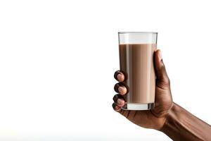 Hand holding a glass of delicious chocolate milk isolated on white background with copy space. ai generated photo