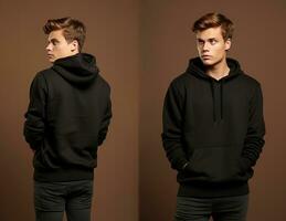 Front and back view of a black hoodie mockup for design print. ai generated photo