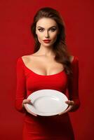 Young beautiful stylish woman holding an empty plate or dish isolated on red background. ai generated photo