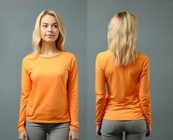 Woman wearing an orange T-shirt with long sleeves. Front and back view. ai generated photo