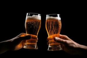 Hands toasting with glasses of beer isolated on black background. ai generated photo