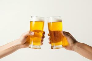 Hands toasting with glasses of beer isolated on white background. ai generated photo