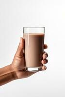 Hand holding a glass of delicious chocolate milk isolated on white background. ai generated photo