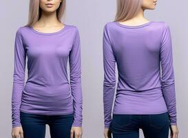 Woman wearing a purple T-shirt with long sleeves. Front and back view. ai generated photo