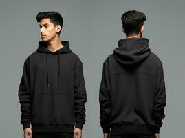 Front and back view of a black hoodie mockup for design print. ai generated photo