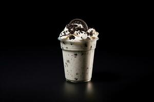 Cookies and cream milkshake in a takeaway cup isolated on dark background. ai generated photo