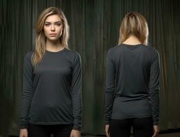 Woman wearing a grey T-shirt with long sleeves. Front and back view. ai generated photo