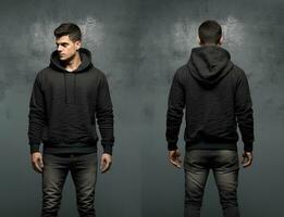Front and back view of a black hoodie mockup for design print. ai generated photo