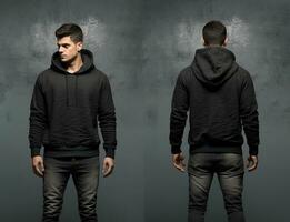 Front and back view of a black hoodie mockup for design print. ai generated photo