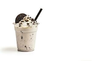 Cookies and cream milkshake in a takeaway cup isolated on white background with copy space. ai generated photo