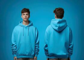 Front and back view of a blue hoodie mockup for design print. ai generated photo