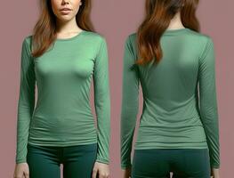 mujer vistiendo un verde camiseta con largo mangas frente y espalda vista. ai generado foto