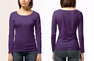 mujer vistiendo un púrpura camiseta con largo mangas frente y espalda vista. ai generado foto