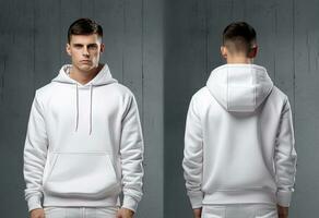 Front and back view of a white hoodie mockup for design print. ai generated photo