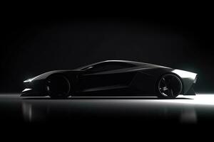 Side view dark silhouette of a modern sport black car isolated on black background. ai generated photo