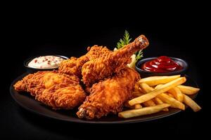 Fast food fried crispy chicken and french fries potatoes with ketchup sauce isolated on dark background. photo