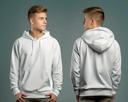 Front and back view of a white hoodie mockup for design print. ai generated photo