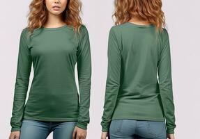 Woman wearing a green T-shirt with long sleeves. Front and back view. ai generated photo